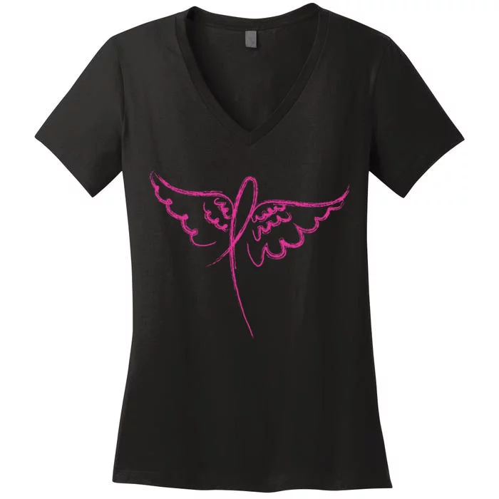 Ribbon On Wings Breast Cancer Women's V-Neck T-Shirt