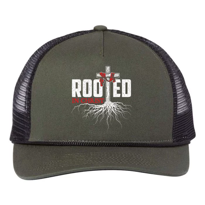 Rooted In Christ Christian Faith Religious Jesus Christ Retro Rope Trucker Hat Cap