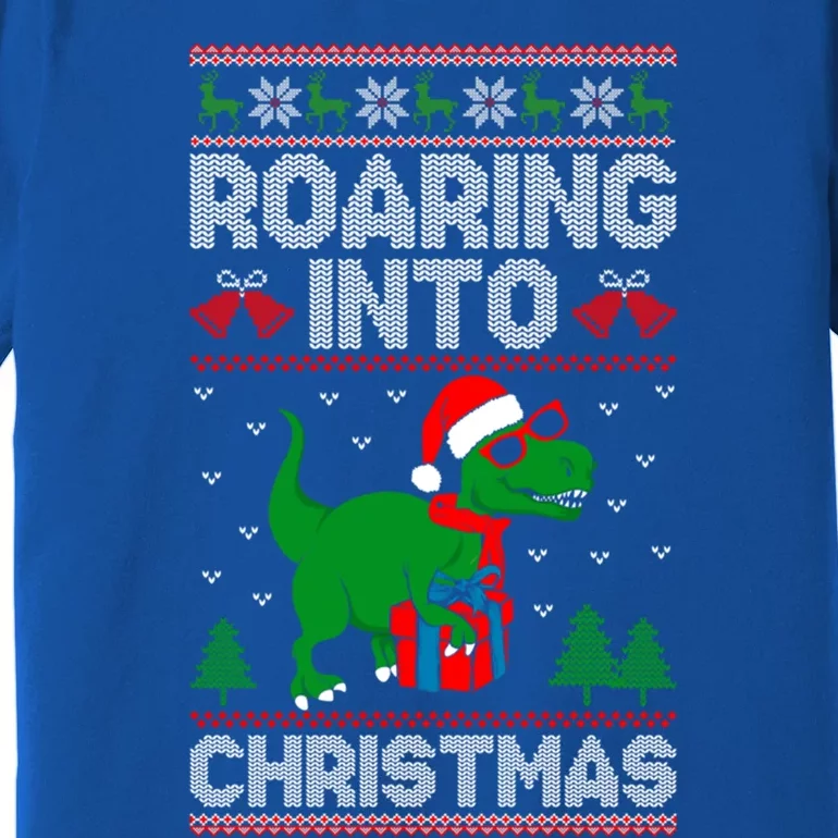 Roaring Into Christmas Dinosaur Ugly Christmas Trex Dino Meaningful Gift Premium T-Shirt