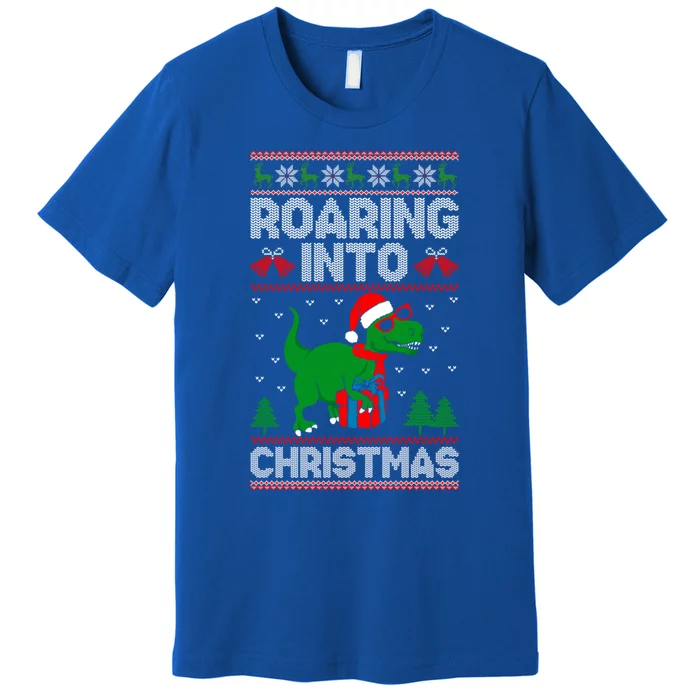 Roaring Into Christmas Dinosaur Ugly Christmas Trex Dino Meaningful Gift Premium T-Shirt