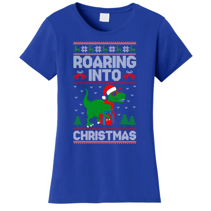 Roaring Into Christmas Dinosaur Ugly Christmas Trex Dino Meaningful Gift Women's T-Shirt