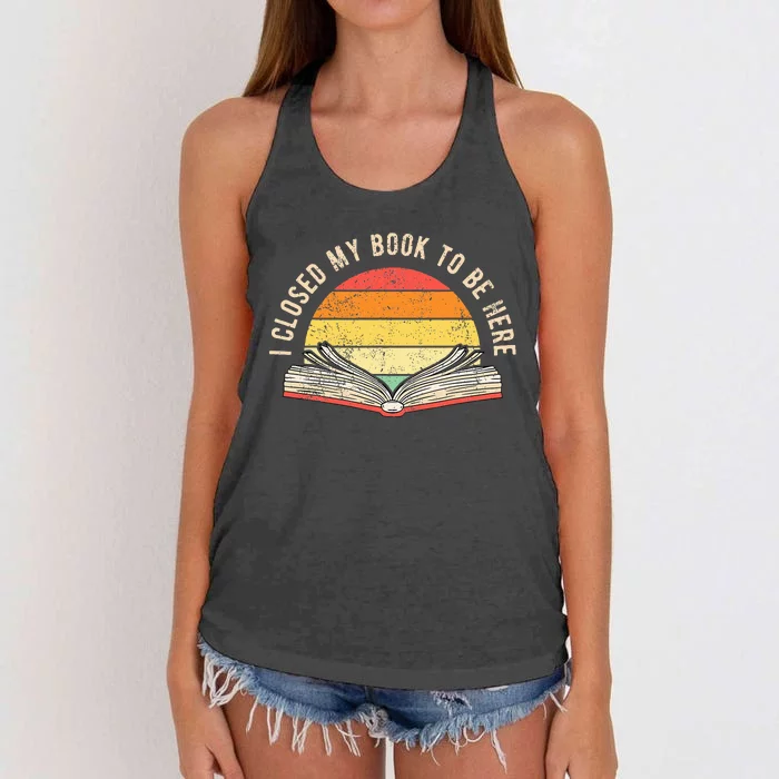 retro I Closed My Book To Be Here reading book Women's Knotted Racerback Tank