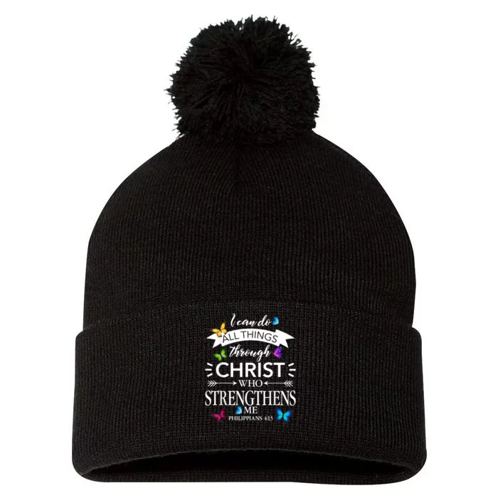 Religious I Can Do All Things Through Christ Butterfly Art Pom Pom 12in Knit Beanie