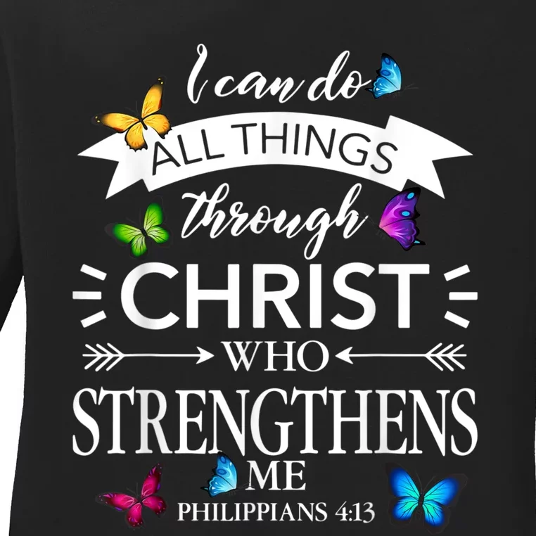 Religious I Can Do All Things Through Christ Butterfly Art Ladies Long Sleeve Shirt