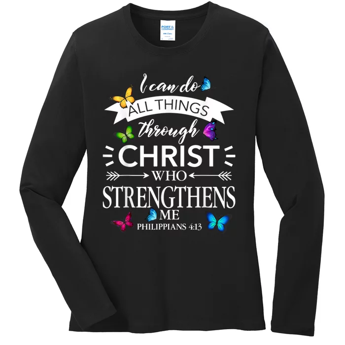 Religious I Can Do All Things Through Christ Butterfly Art Ladies Long Sleeve Shirt