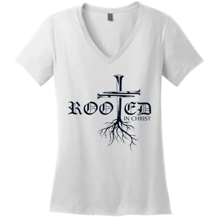 Rooted In Christ Christian Cross Religious Gift Women's V-Neck T-Shirt