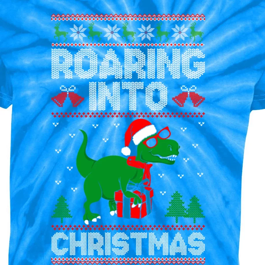 Roaring Into Christmas Dinosaur Ugly Christmas Trex Dino Gift Kids Tie-Dye T-Shirt