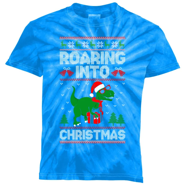 Roaring Into Christmas Dinosaur Ugly Christmas Trex Dino Gift Kids Tie-Dye T-Shirt