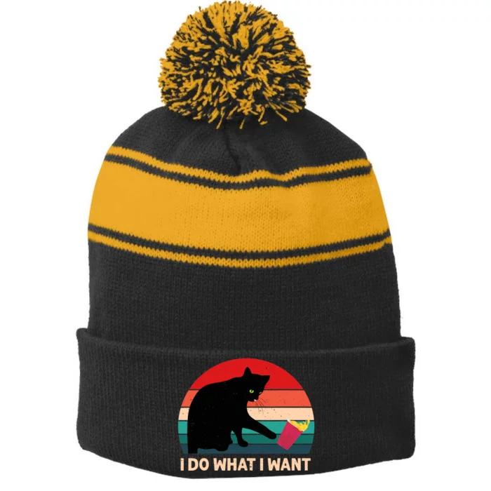 Retro i do what i want Vintage cat Stripe Pom Pom Beanie