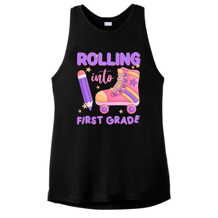 Rolling Into First Grade Cute Ladies Tri-Blend Wicking Tank