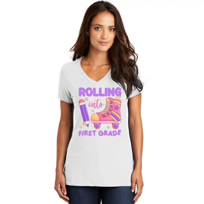 Rolling Into First Grade Cute Women's V-Neck T-Shirt