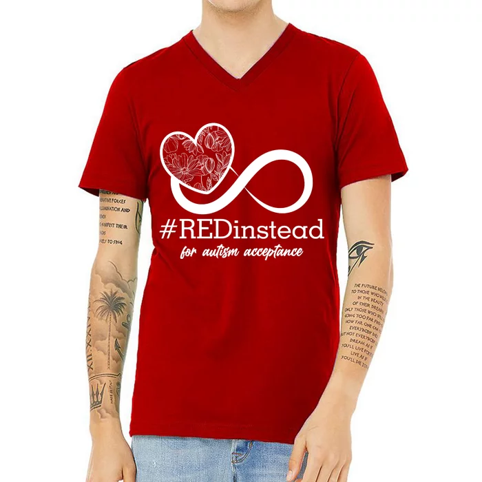 #Red Instead For Autism Acceptance V-Neck T-Shirt