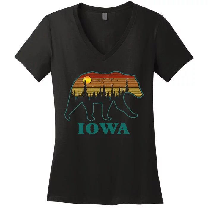 Retro Iowa Grizzly Bear Nature Camping Mountain Hiking Women's V-Neck T-Shirt