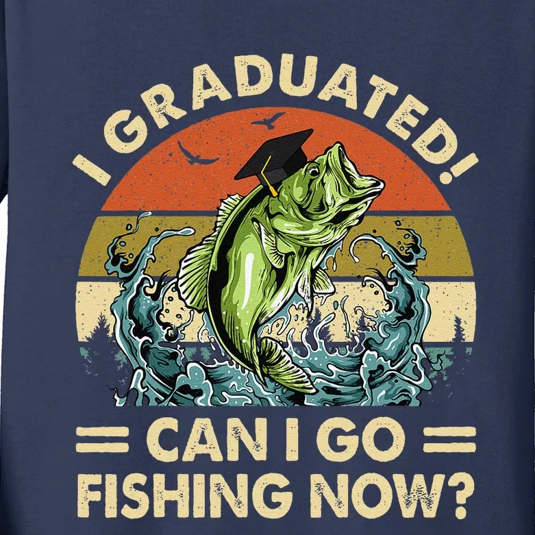 Retro I Graduated Can I Go Fishing Now Cute Graduation Kids Long Sleeve Shirt