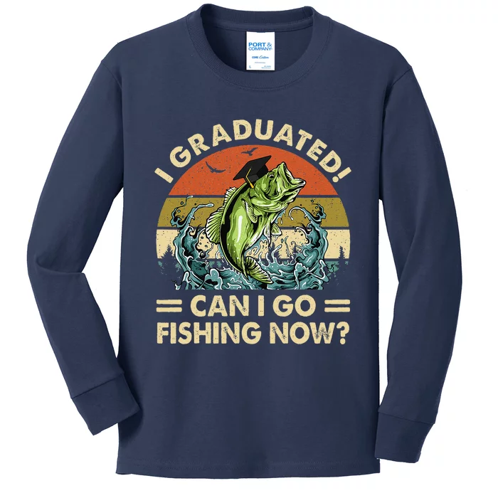 Retro I Graduated Can I Go Fishing Now Cute Graduation Kids Long Sleeve Shirt