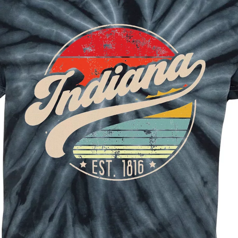 Retro Indiana Home State In Cool 70s Style Sunset Kids Tie-Dye T-Shirt