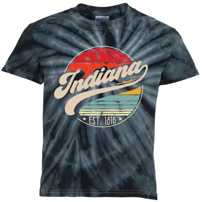 Retro Indiana Home State In Cool 70s Style Sunset Kids Tie-Dye T-Shirt