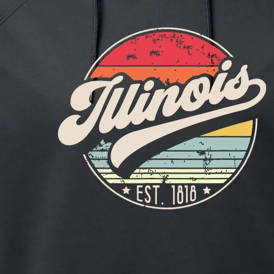 Retro Illinois Home State Il Cool 70s Style Sunset Performance Fleece Hoodie