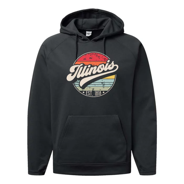 Retro Illinois Home State Il Cool 70s Style Sunset Performance Fleece Hoodie