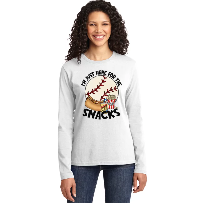 Retro I'm Just Here For The Snacks Funny Baseball Lover Ladies Long Sleeve Shirt