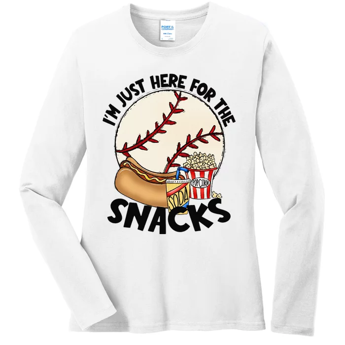 Retro I'm Just Here For The Snacks Funny Baseball Lover Ladies Long Sleeve Shirt