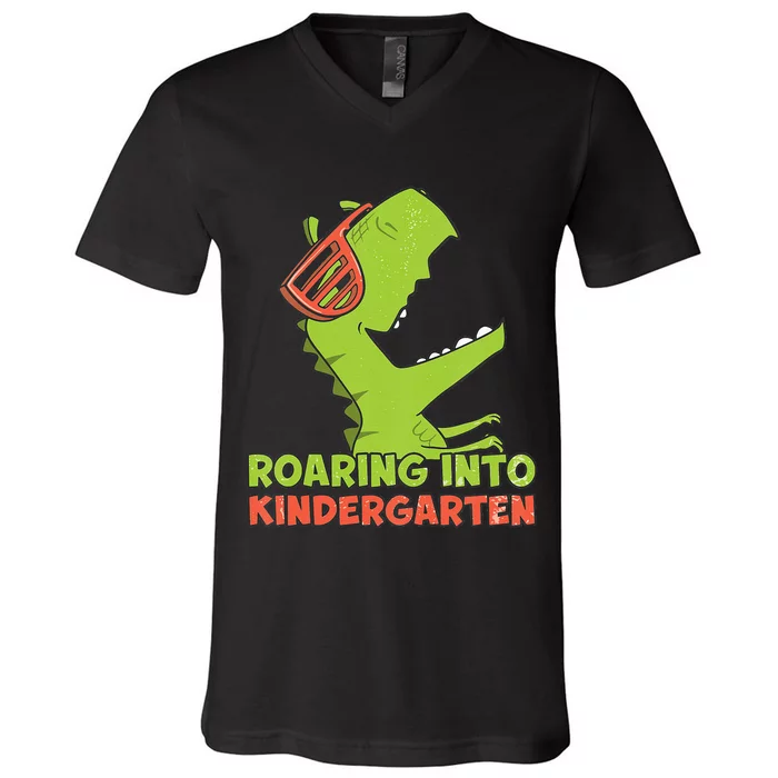 Roaring Into Kindergarten Dinosaur Back To School V-Neck T-Shirt