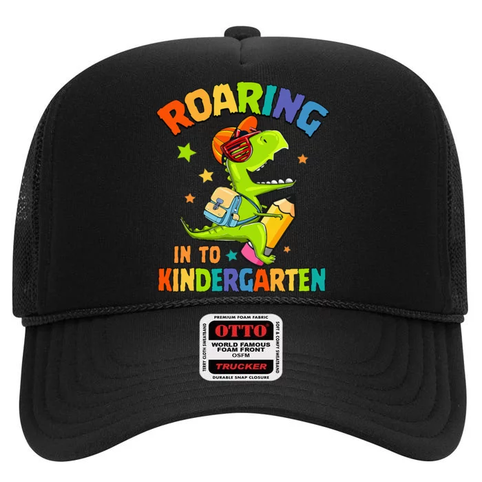 Roaring Into Kindergarten Dinosaur Back To School High Crown Mesh Trucker Hat