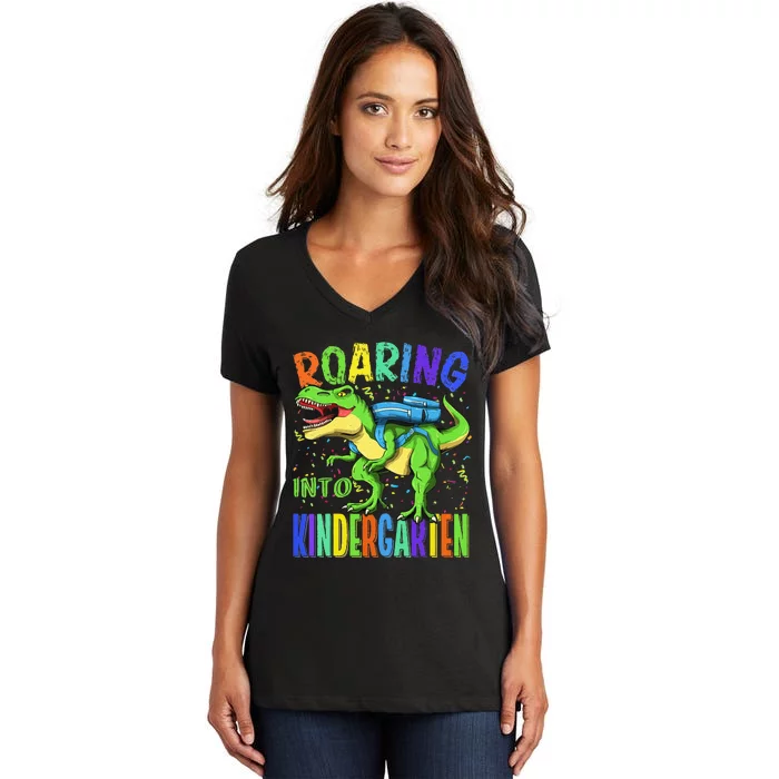 Roaring Into Kindergarten Dinosaur T Rex Back to School Women's V-Neck T-Shirt