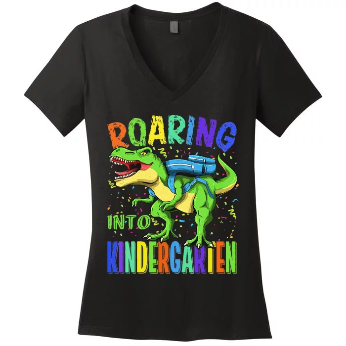 Roaring Into Kindergarten Dinosaur T Rex Back to School Women's V-Neck T-Shirt