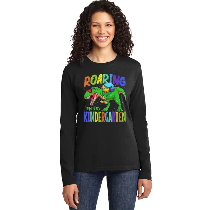 Roaring Into Kindergarten Dinosaur T Rex Back To School Boy Ladies Long Sleeve Shirt