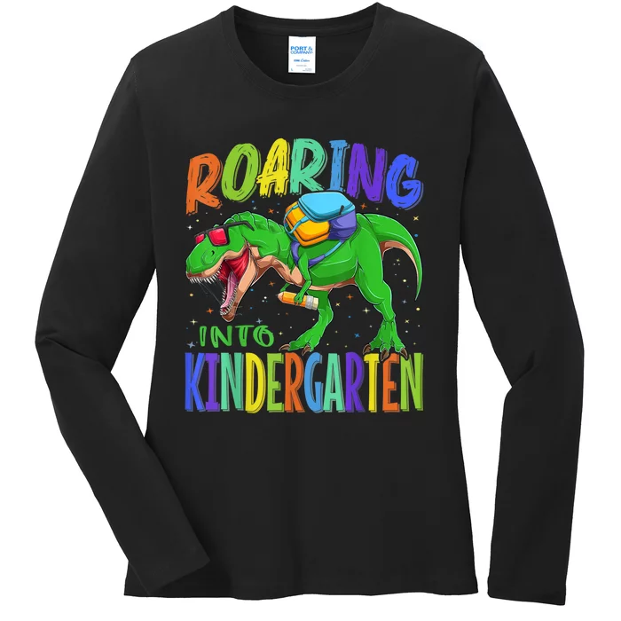 Roaring Into Kindergarten Dinosaur T Rex Back To School Boy Ladies Long Sleeve Shirt