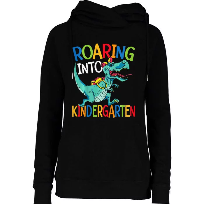 Roaring Into Kindergarten Dinosaur Student Back To School Womens Funnel Neck Pullover Hood