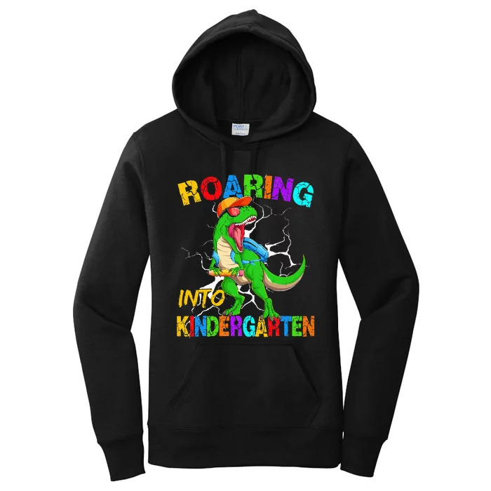 Roaring Into Kindergarten T Rex Dinosaur Back To School Women's Pullover Hoodie