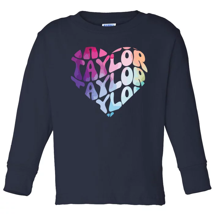 Retro I Love Heart Taylor Groovy Personalized First Name Toddler Long Sleeve Shirt