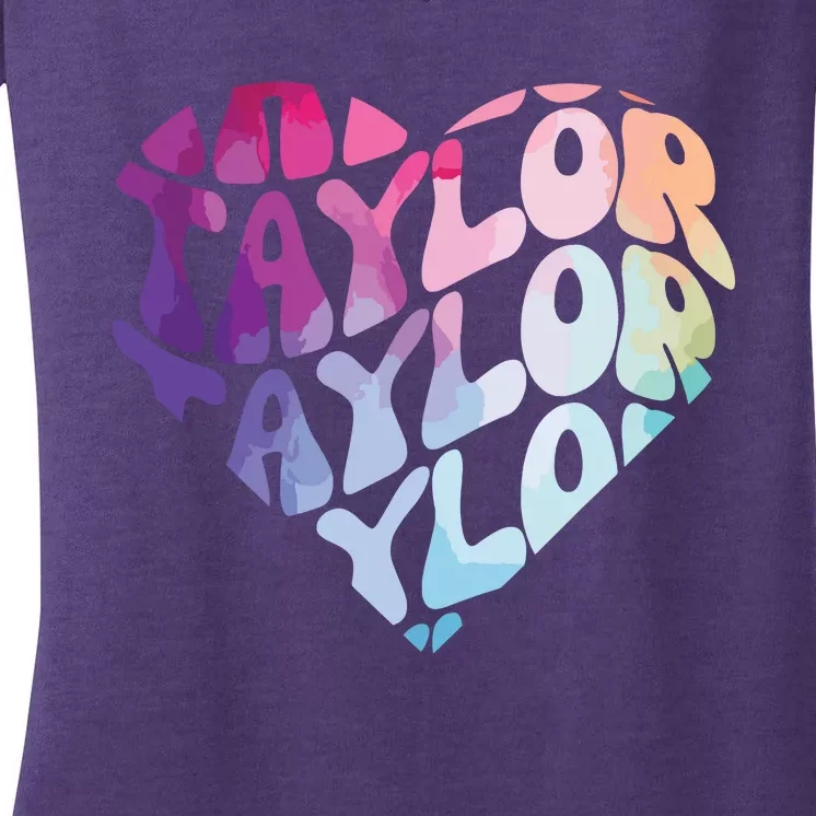 Retro I Love Heart Taylor Groovy Personalized First Name Women's V-Neck T-Shirt