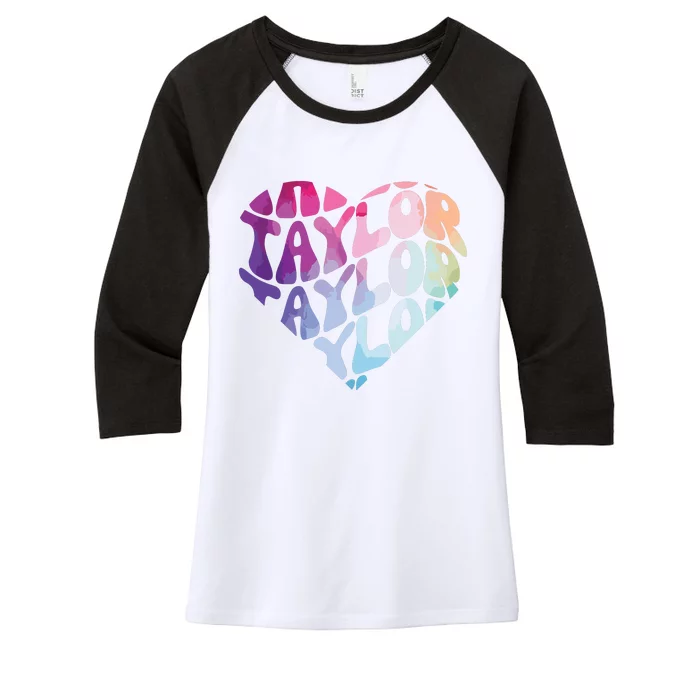 Retro I Love Heart Taylor Groovy Personalized First Name Women's Tri-Blend 3/4-Sleeve Raglan Shirt