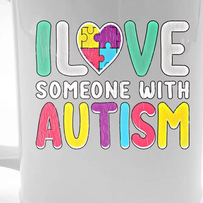 Retro I Love Someone With Autism Awareness Family Matching Gift Front & Back Beer Stein