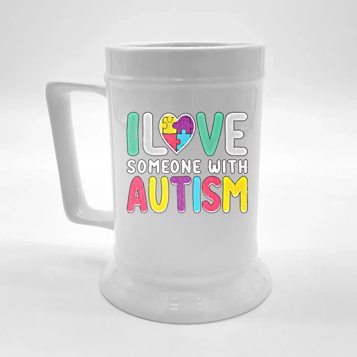 Retro I Love Someone With Autism Awareness Family Matching Gift Front & Back Beer Stein