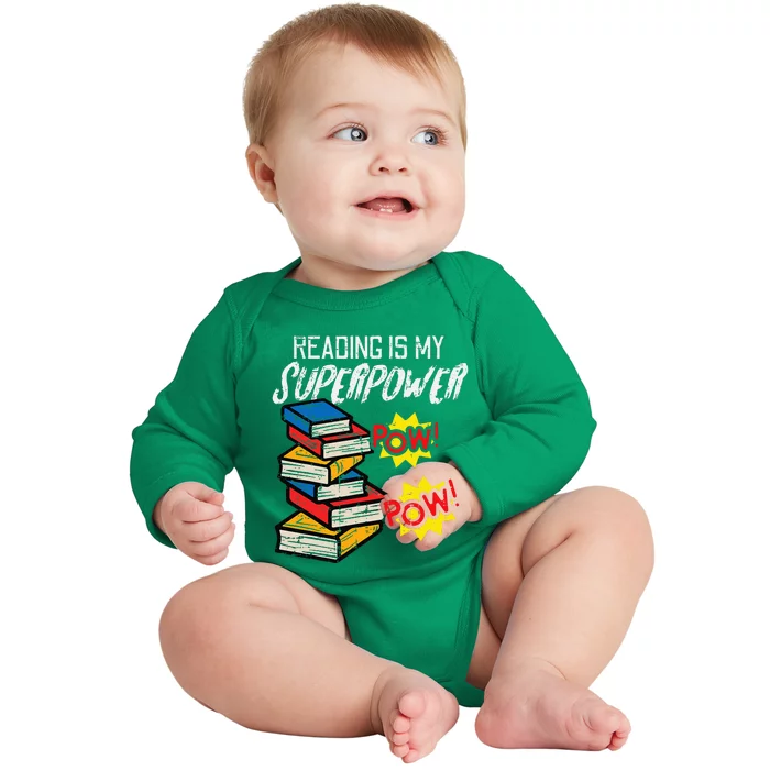 Reading Is My Superpower Funny Book Lover Bookworm Librarian Baby Long Sleeve Bodysuit