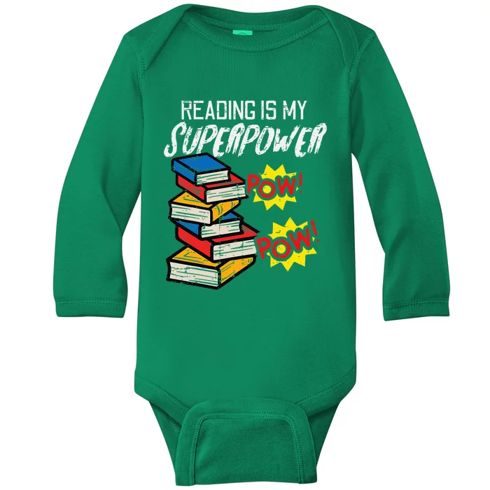 Reading Is My Superpower Funny Book Lover Bookworm Librarian Baby Long Sleeve Bodysuit