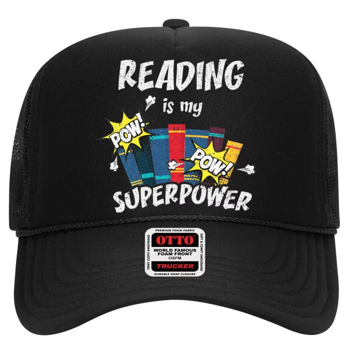 Reading Is My Superpower Fun Cute Book Hero Gift High Crown Mesh Trucker Hat