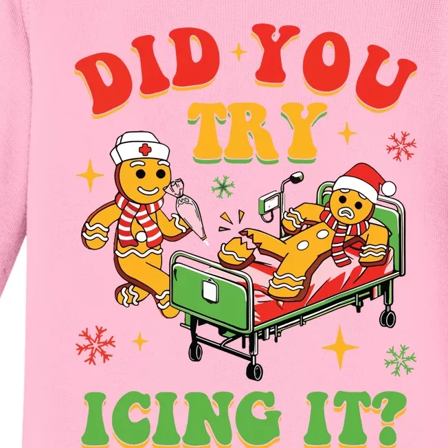 Retro Icu Nurse Christmas Gingerbread Did You Try Icing It Baby Long Sleeve Bodysuit