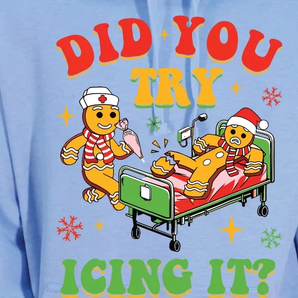 Retro Icu Nurse Christmas Gingerbread Did You Try Icing It Unisex Surf Hoodie