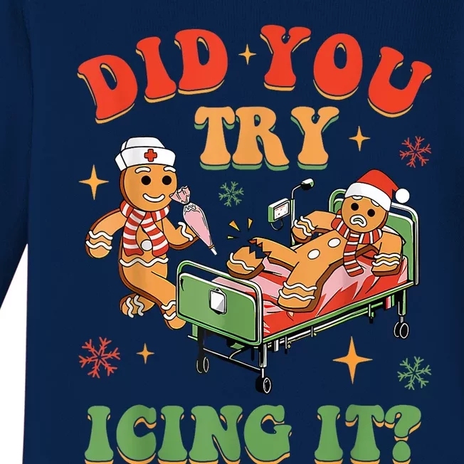 Retro Icu Nurse Christmas Gingerbread Did You Try Icing It Baby Long Sleeve Bodysuit