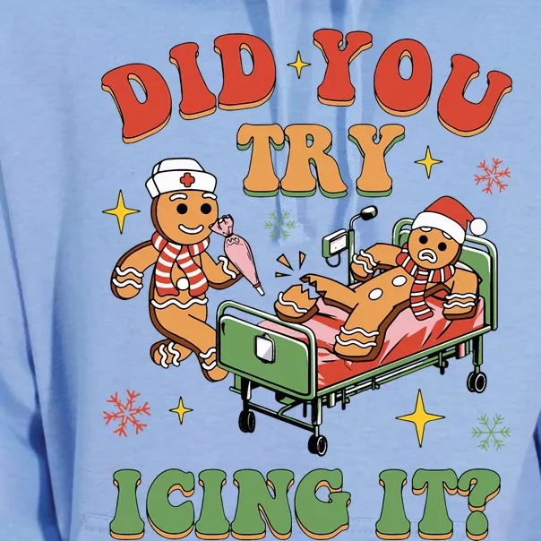 Retro ICU Nurse Christmas Gingerbread Did You Try Icing It Unisex Surf Hoodie