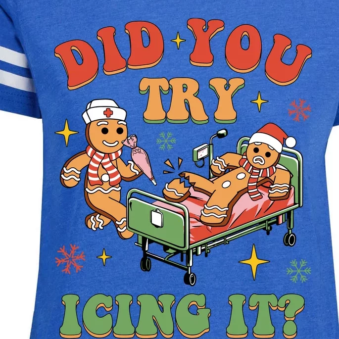 Retro Icu Nurse Christmas Gingerbread Did You Try Icing It Enza Ladies Jersey Football T-Shirt