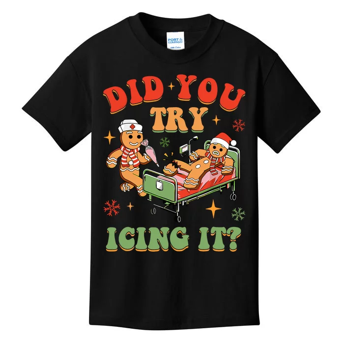 Retro Icu Nurse Christmas Gingerbread Did You Try Icing It Kids T-Shirt