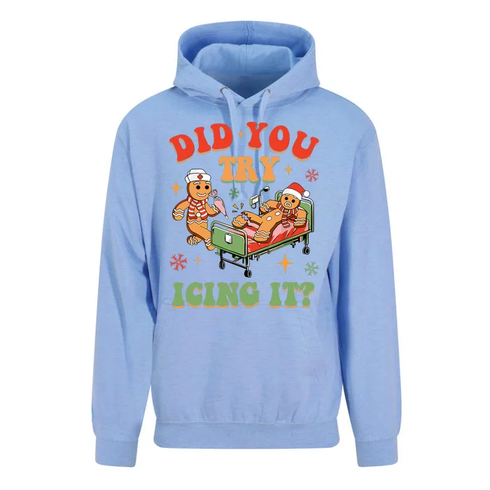 Retro Icu Nurse Christmas Gingerbread Did You Try Icing It Unisex Surf Hoodie