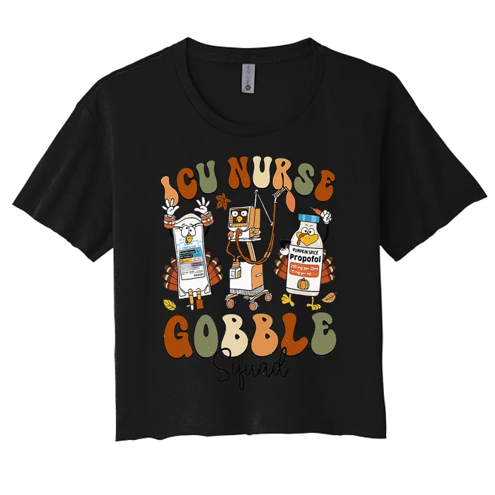 Retro ICU Nurse Gobble Squad Thanksgiving Fall Autumn Turkey Women's Crop Top Tee