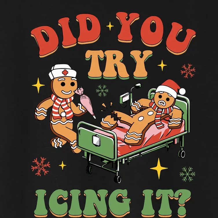 Retro ICU Nurse Christmas Gingerbread Did You Try Icing It Women's Crop Top Tee